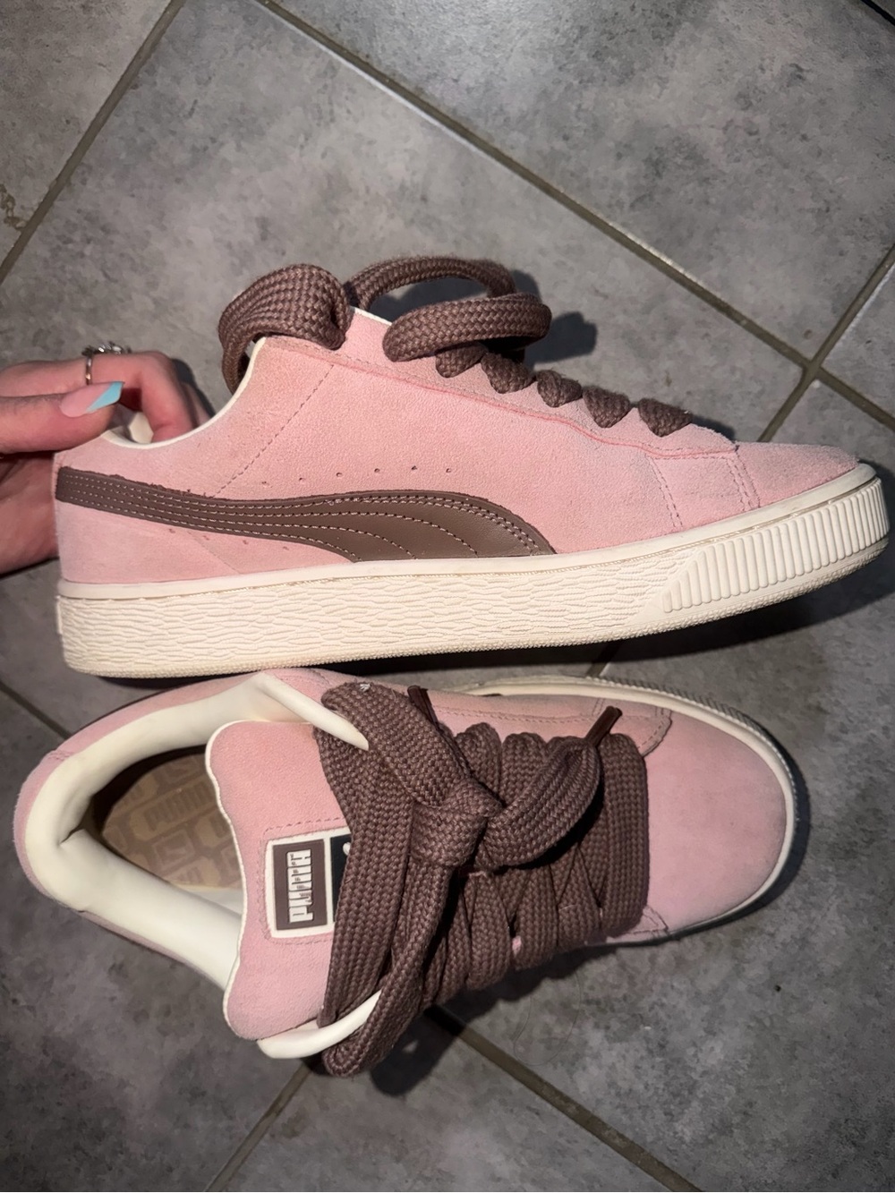 Puma Pink Suede Platform Sneakers with Brown Accents